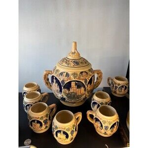 German Bowle Punch Bowl Set Gerz Salt Glaze Rhine Castles Mugs Cobalt Stoneware